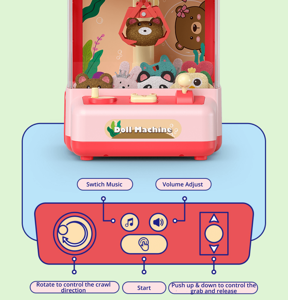 Mini Claw Machine Toy for Kids, Pink Doll Machine Ocean Paradise Theme, Size M 10 Mini Claw Machine Toy for Kids, Pink Doll Machine Ocean Paradise Theme, Size M
