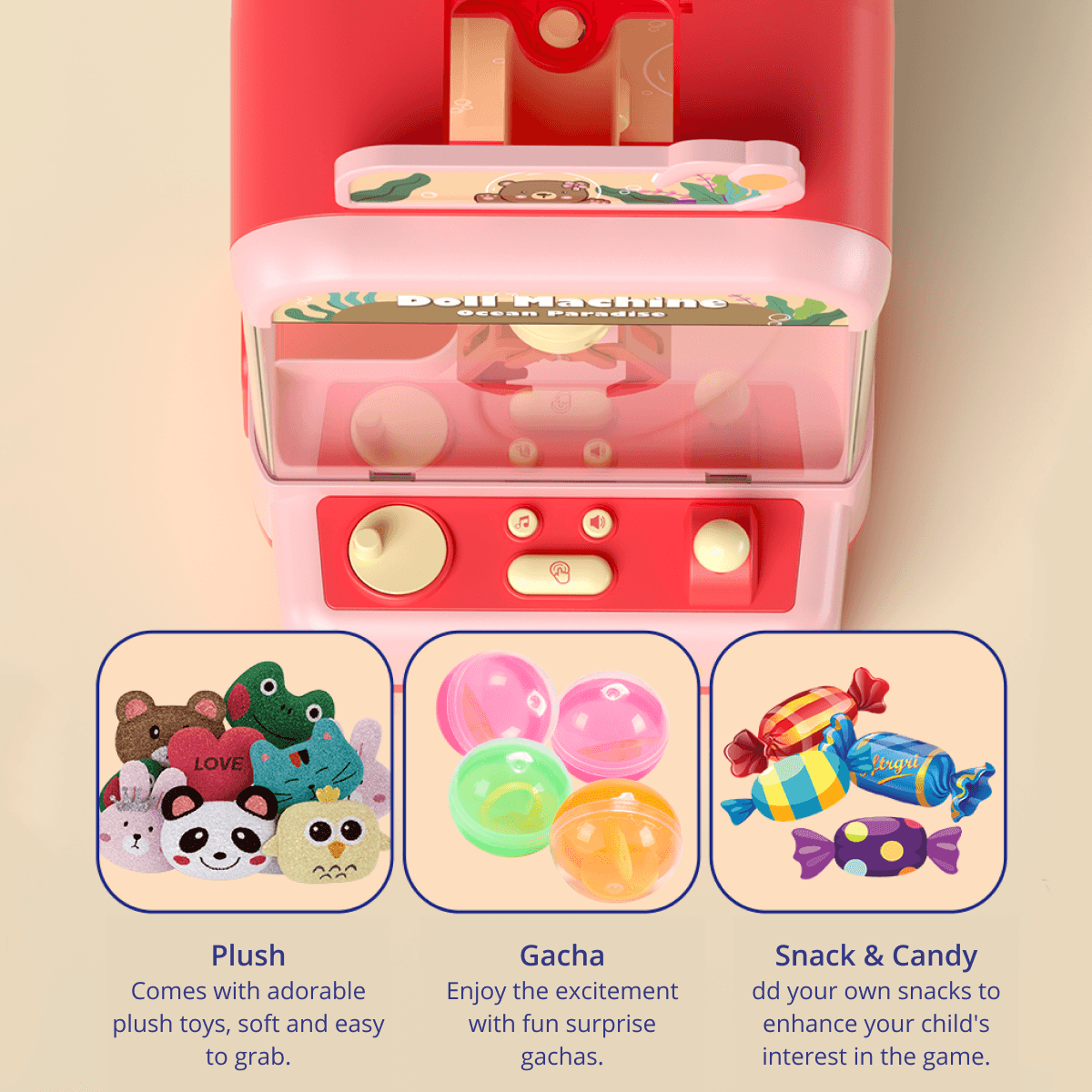 Mini Claw Machine Toy for Kids, Pink Doll Machine Ocean Paradise Theme, Size M 11 Mini Claw Machine Toy for Kids, Pink Doll Machine Ocean Paradise Theme, Size M