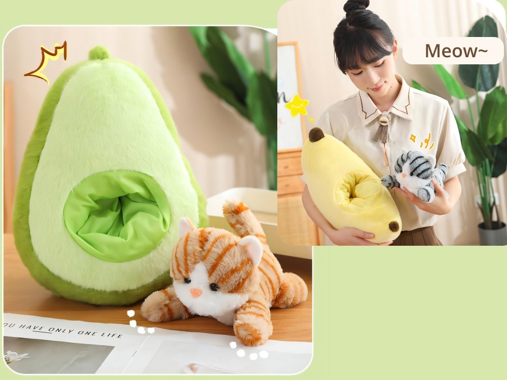 Stuffed Fruit Cat Plush Toy, Avaliable with Avocado, Banana, Strawberry, Carrot