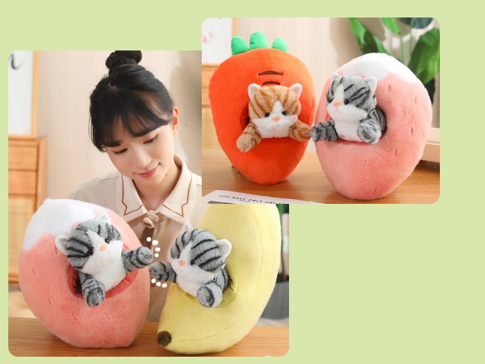 Stuffed Fruit Cat Plush Toy, Avaliable with Avocado, Banana, Strawberry, Carrot