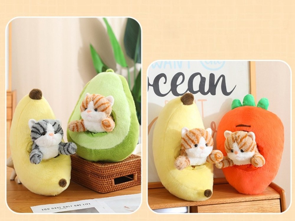 Stuffed Fruit Cat Plush Toy, Avaliable with Avocado, Banana, Strawberry, Carrot