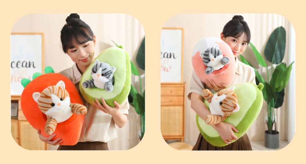 Stuffed Fruit Cat Plush Toy, Avaliable with Avocado, Banana, Strawberry, Carrot