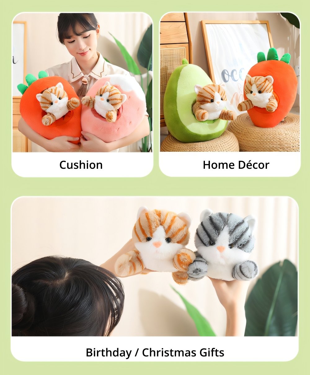 Stuffed Fruit Cat Plush Toy, Avaliable with Avocado, Banana, Strawberry, Carrot