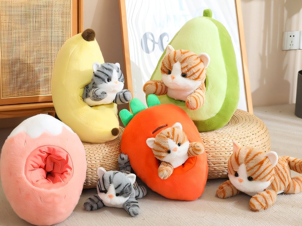Stuffed Fruit Cat Plush Toy, Avaliable with Avocado, Banana, Strawberry, Carrot