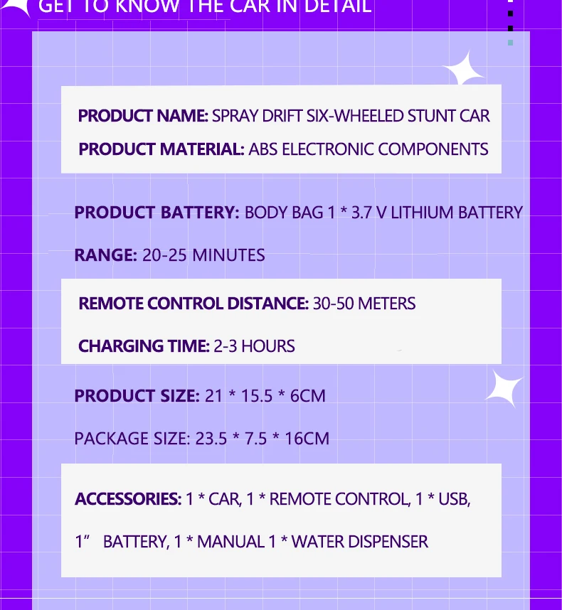 Six-Wheel RC Stunt Car with Drift, Twisting Action, and Spray Effects 25 Six-Wheel RC Stunt Car with Drift, Twisting Action, and Spray Effects