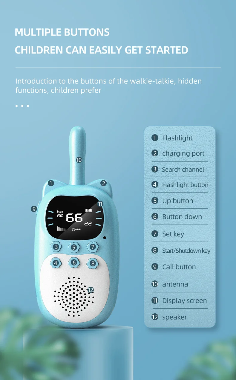 2pcs Rechargeable Kids Walkie Talkies - 3km Range, Perfect Birthday Gift 17 2pcs Rechargeable Kids Walkie Talkies - 3km Range, Perfect Birthday Gift