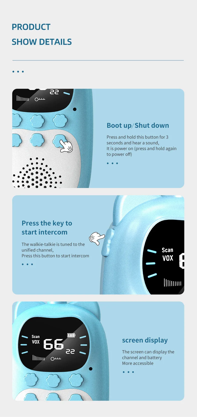 2pcs Rechargeable Kids Walkie Talkies - 3km Range, Perfect Birthday Gift 22 2pcs Rechargeable Kids Walkie Talkies - 3km Range, Perfect Birthday Gift