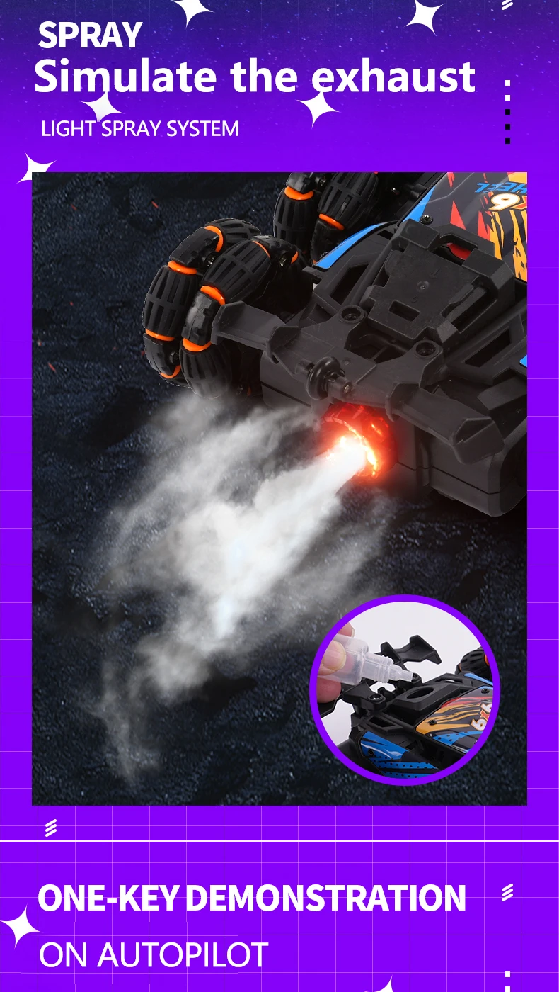 Six-Wheel RC Stunt Car with Drift, Twisting Action, and Spray Effects 17 Six-Wheel RC Stunt Car with Drift, Twisting Action, and Spray Effects