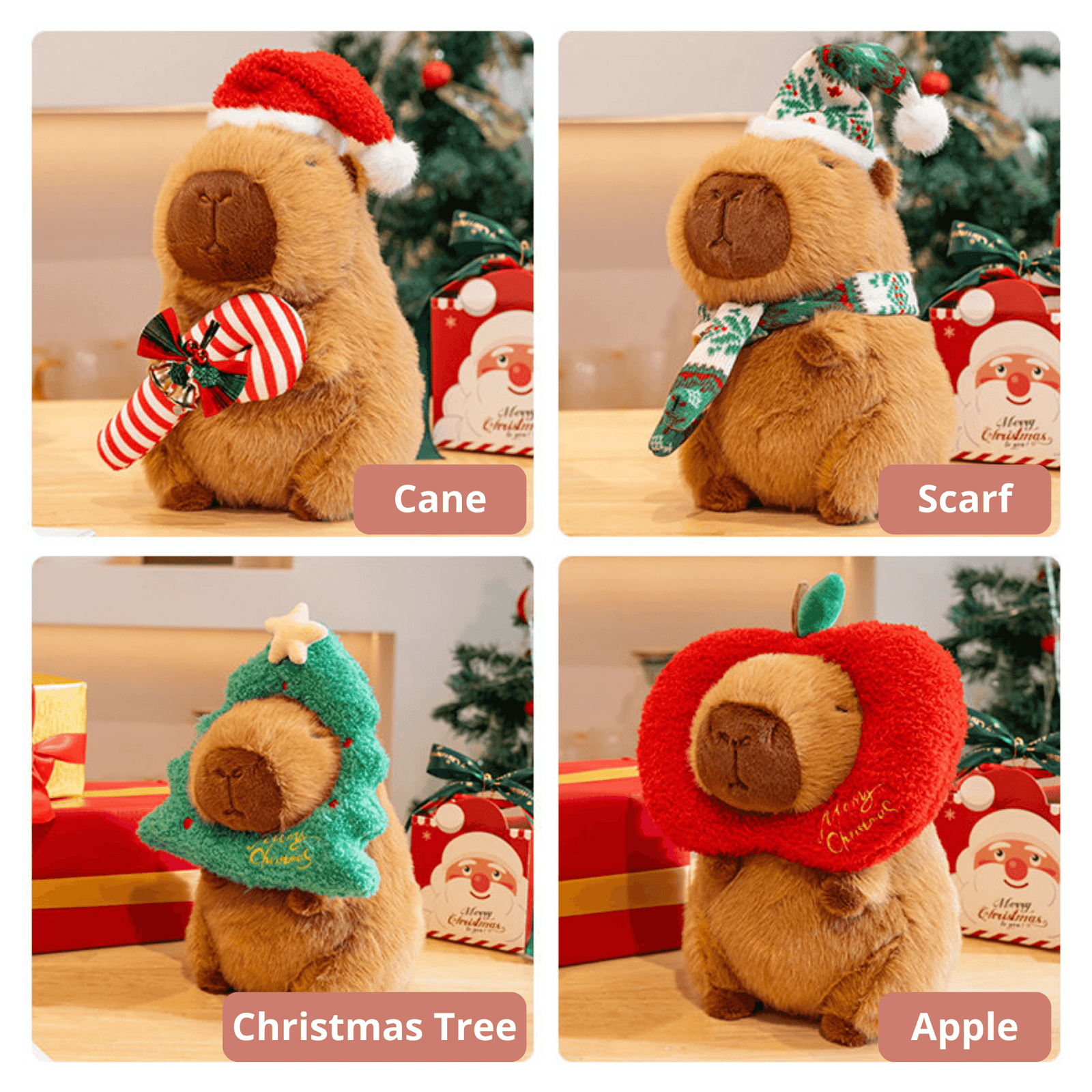Christmas Kapibala Capybara Plush Toy, with Apple, Christmas Tree, Cane, Scarf Styles, Cute Animal Stuffed Toy, Best Xmas Gift Home Decor